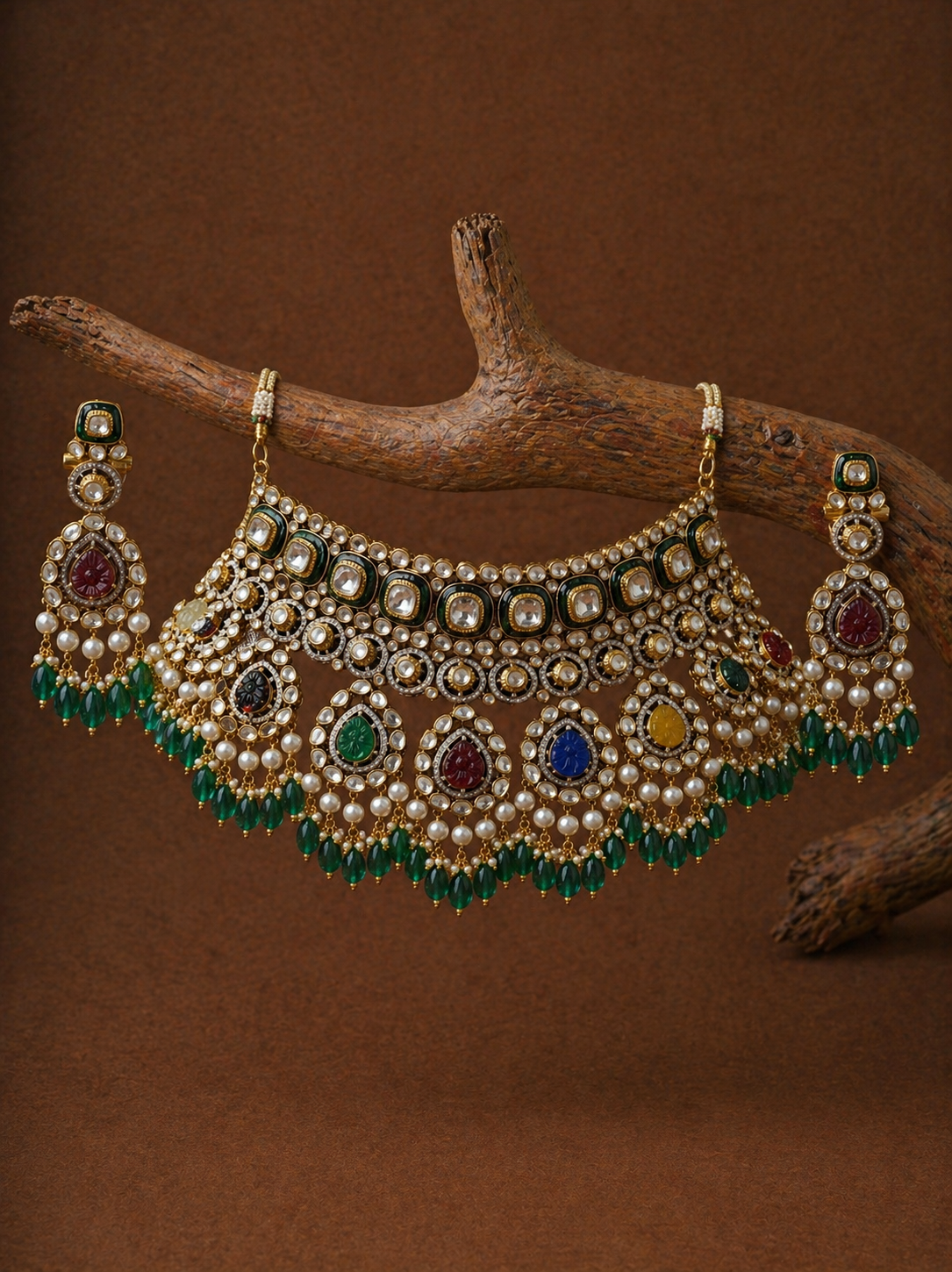 Polki Necklace Set- Navratan