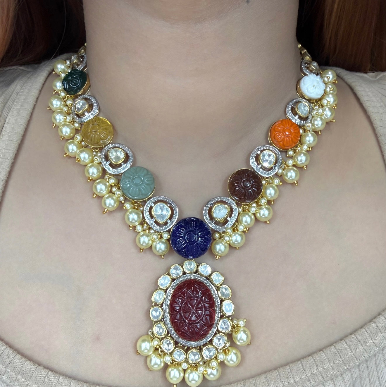 Navratan Polki Pendant Set