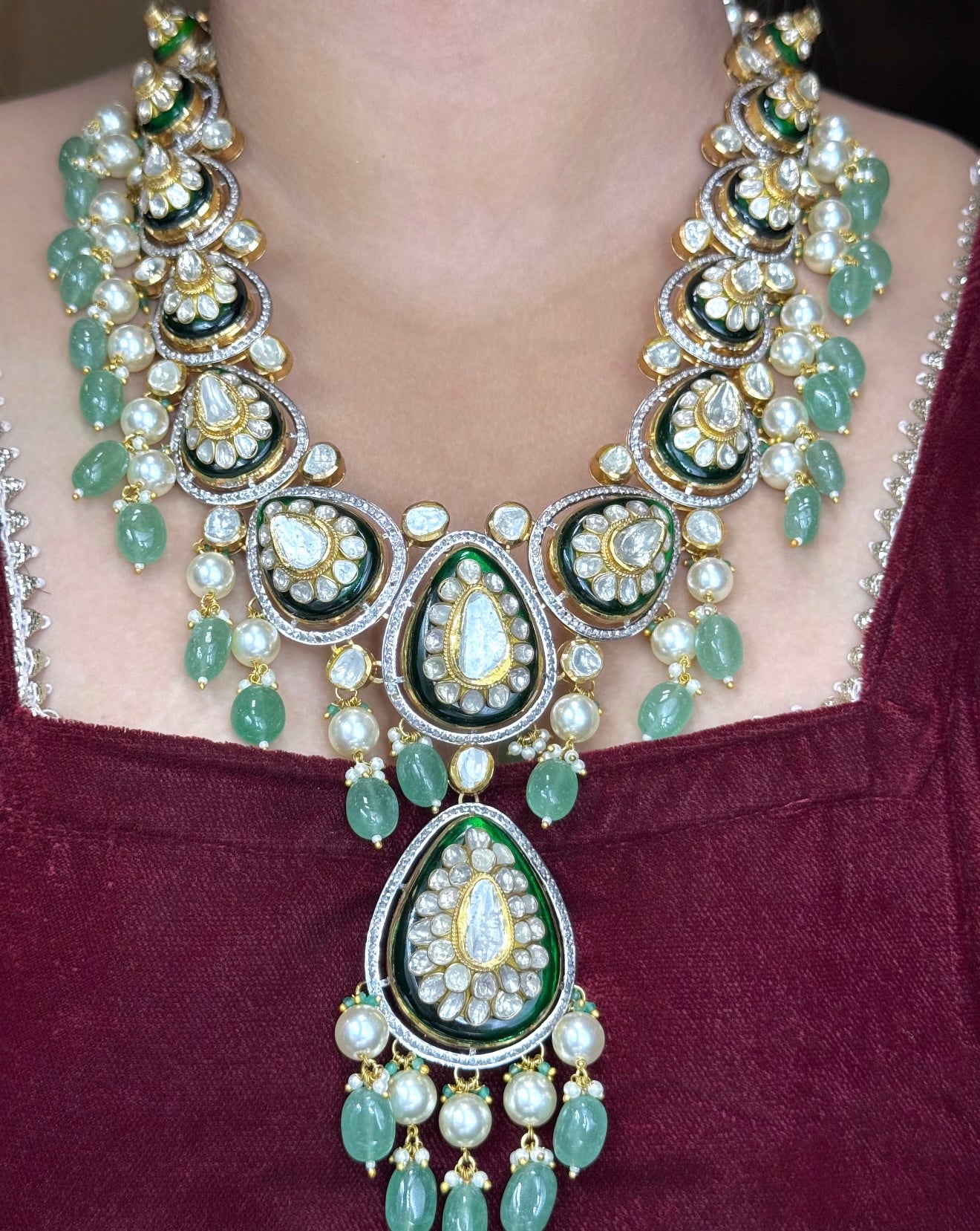 Emerald Polki Long Pendant Set