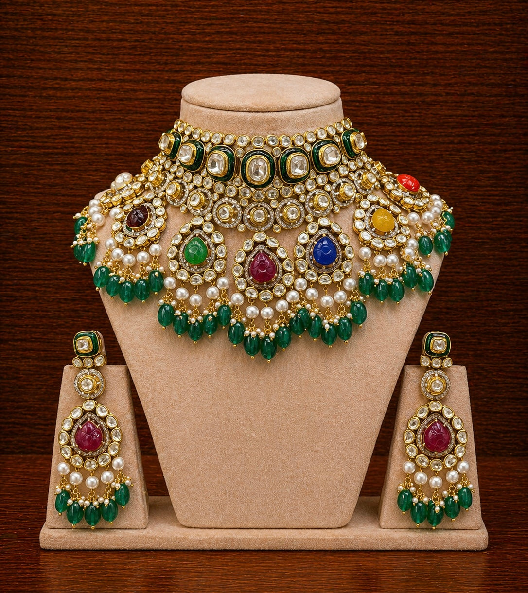 Polki Necklace Set- Navratan