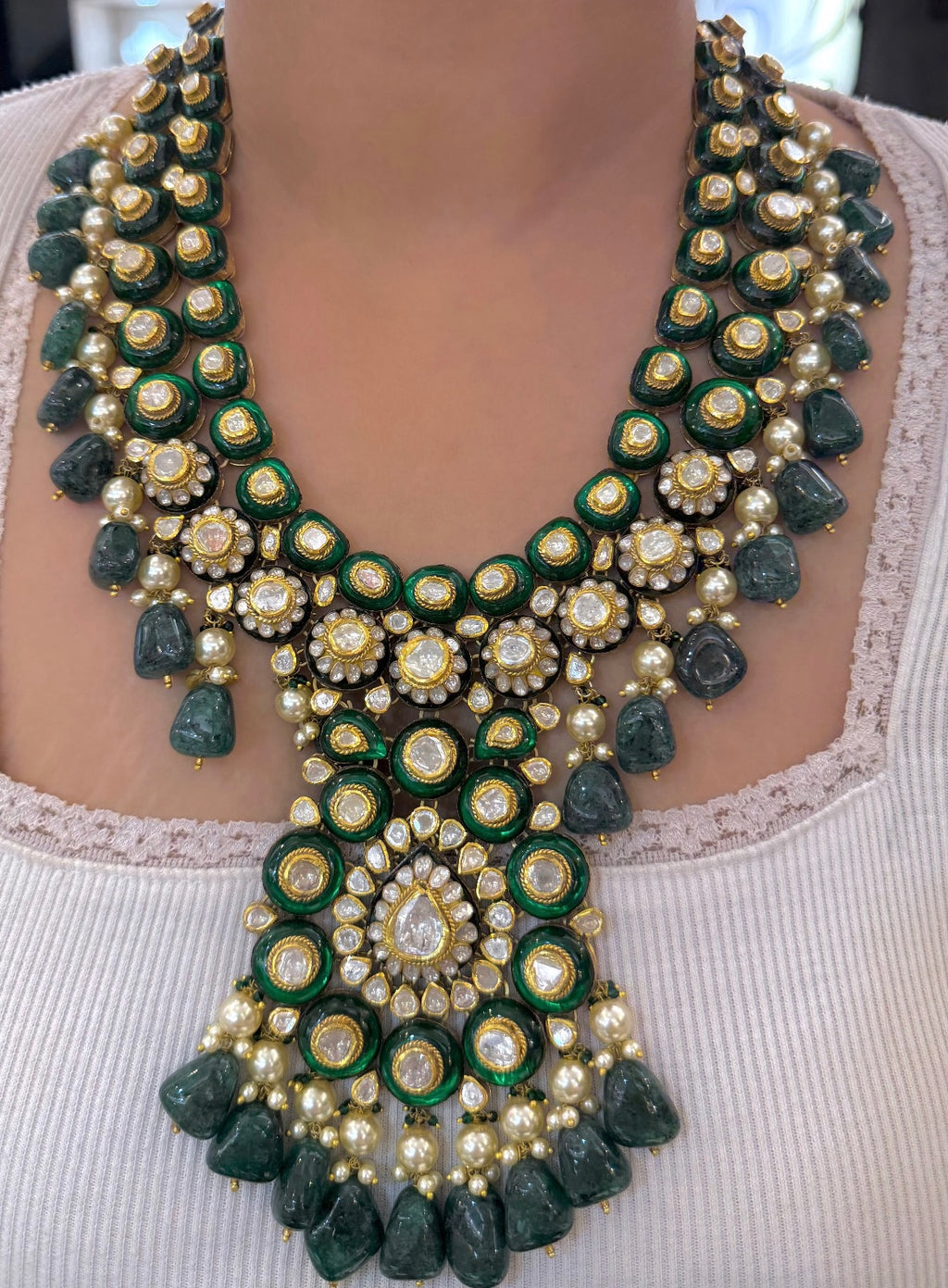 Emerald Polki Long Pendant Set