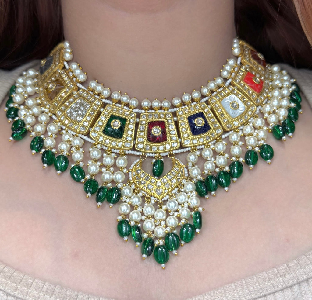 Polki Necklace Set - Navratan