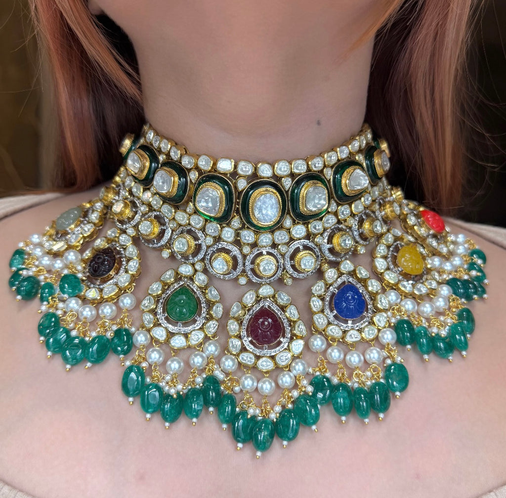 Polki Necklace Set- Navratan