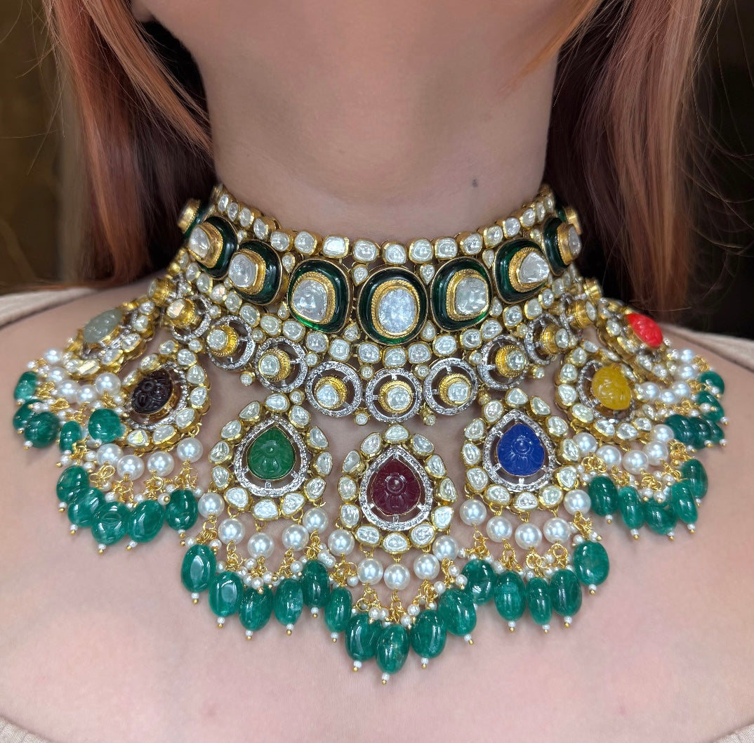 Polki Necklace Set- Navratan