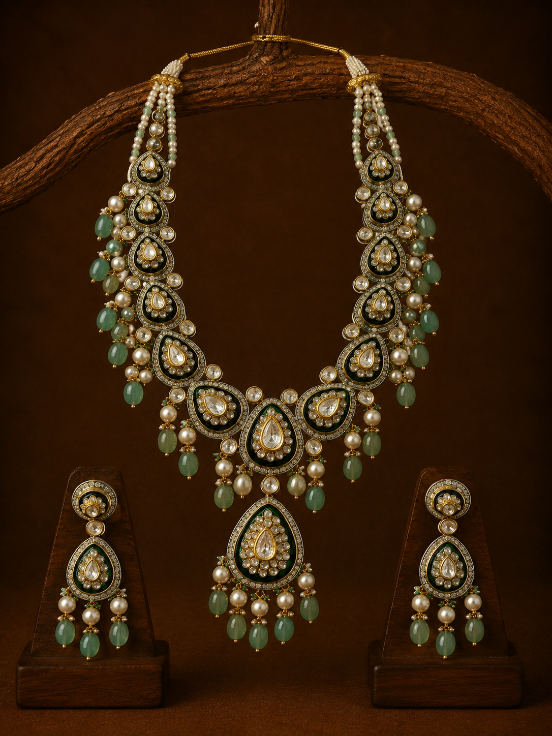 Emerald Polki Long Pendant Set