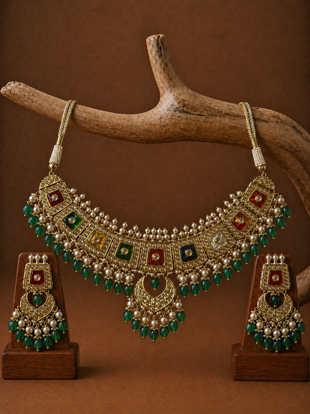 Polki Necklace Set - Navratan