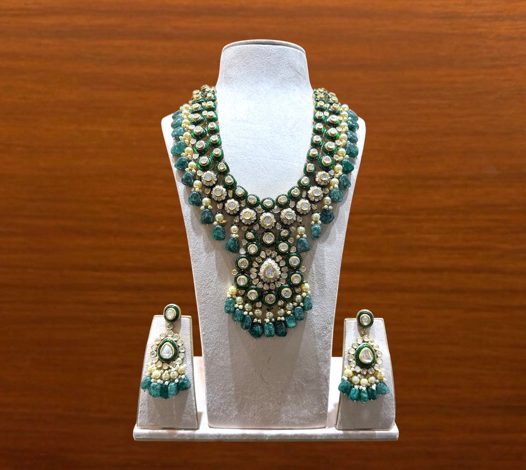 Emerald Polki Long Pendant Set